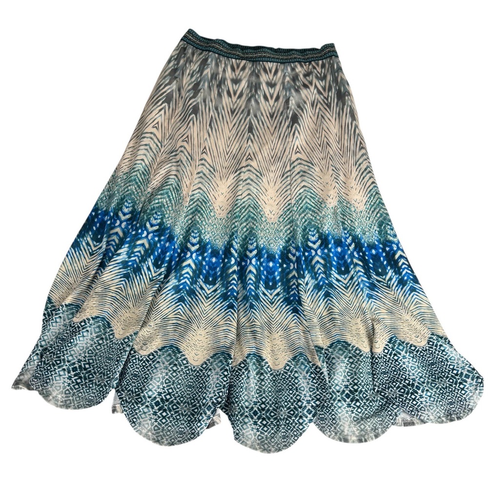 V Cristina Blue Multicolored Chevron Pattern Scalloped Hem‎ Midi Skirt Large